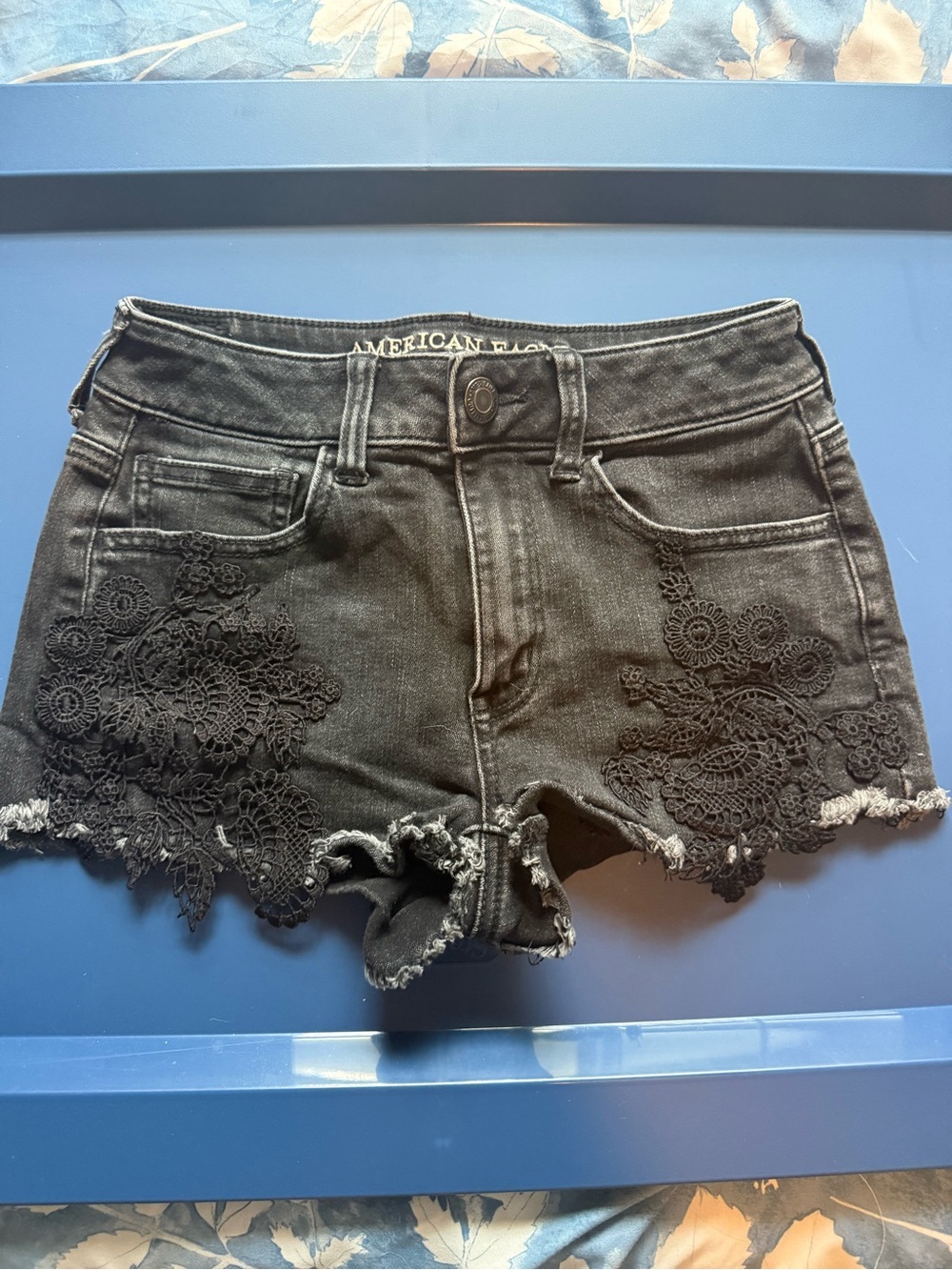 American Eagle Outfitters Black Denim Lace-Trim Jean Shorts